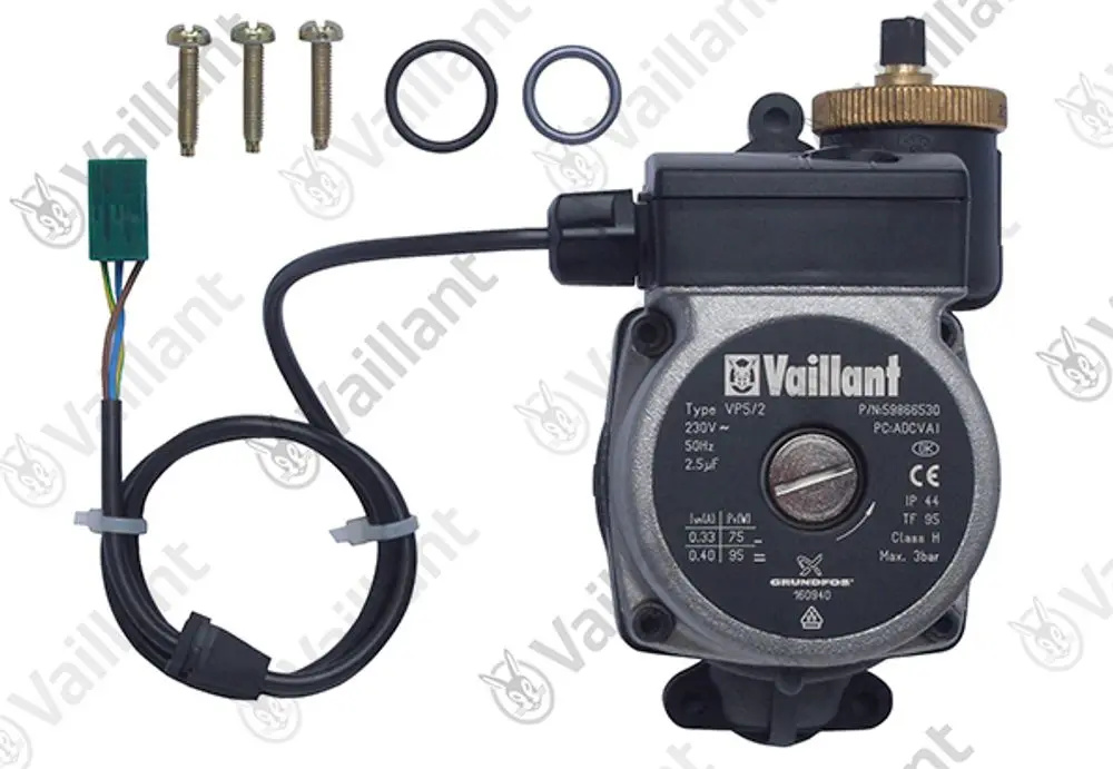 Vaillant Pumpe mit Anschlusskabel, Schrauben und Dichtungen. Das Gerät hat eine runde Bauform und ist für Heizungsanwendungen ausgelegt.